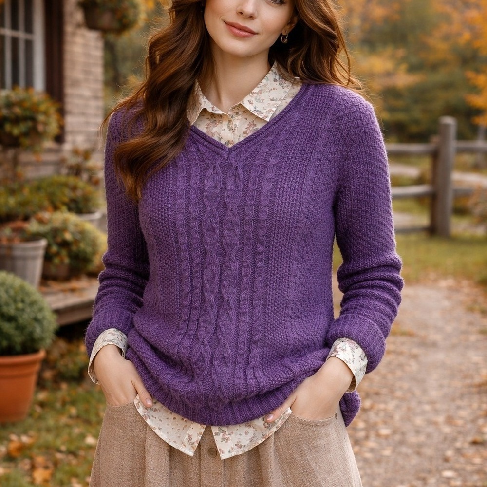 Laura Scott Purple Cable Knit V-Neck Sweater Womens XL Cotton Blend Pullover